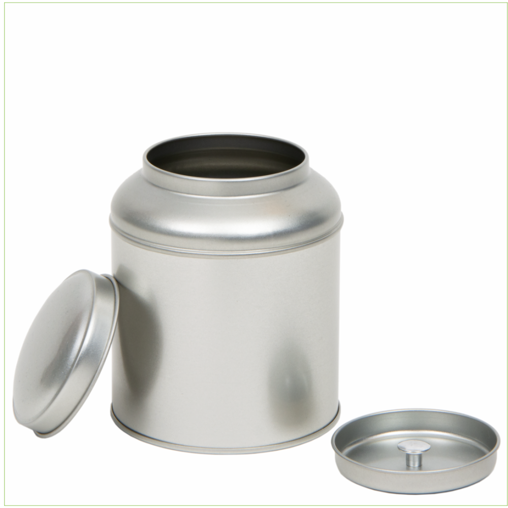 Rond blik met deksel en binnendeksel groot, zilver - circa 200 gram - 